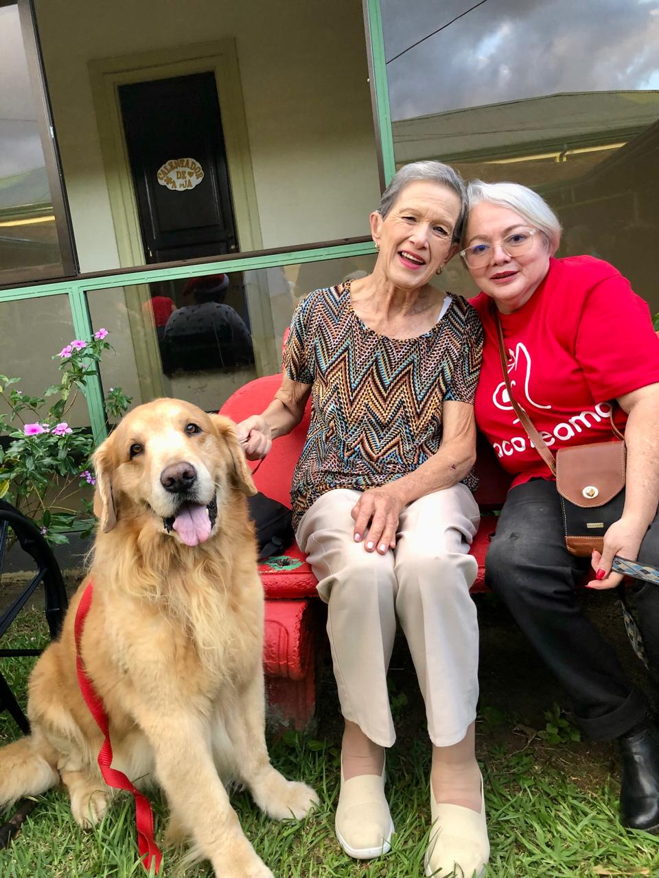 Adulta mayor con golden retriever y voluntaria ACOTEAMA